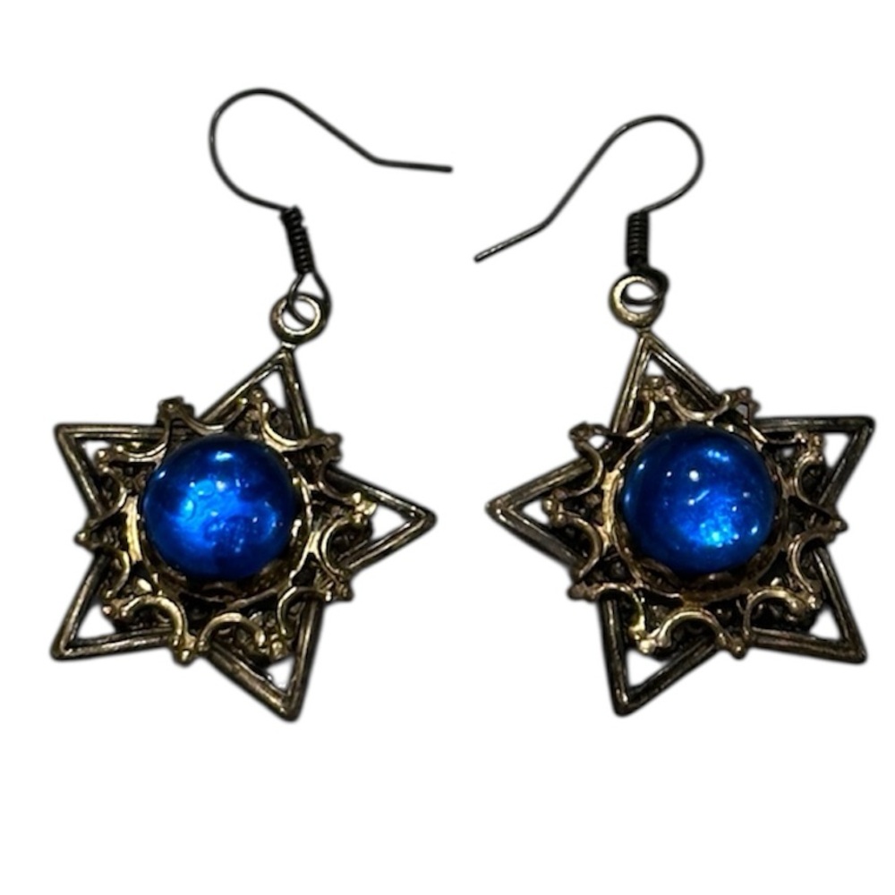 Vintage-Inspired Blue Star Drop Earrings | Brass Filigree w Iridescent Cabochon